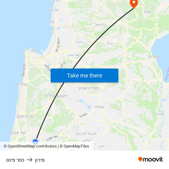 כפר פינס to מירון map