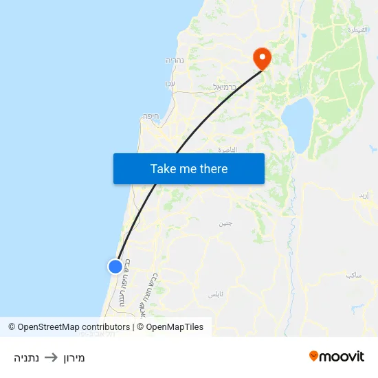 נתניה to מירון map