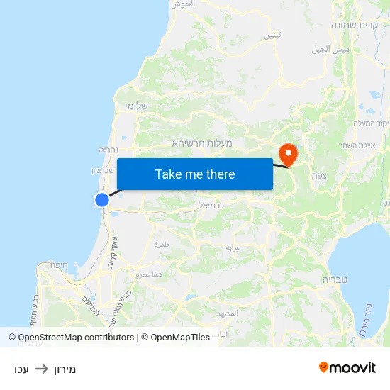 עכו to מירון map