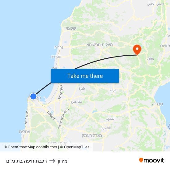 רכבת חיפה בת גלים to מירון map