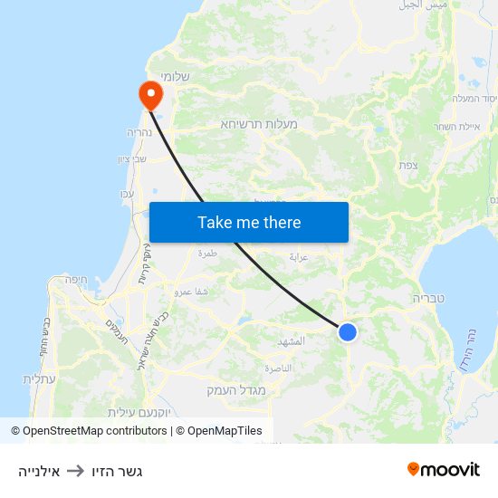 אילנייה to גשר הזיו map