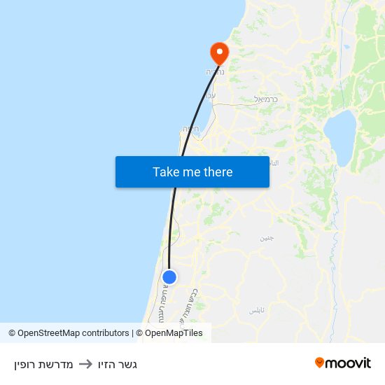 מדרשת רופין to גשר הזיו map