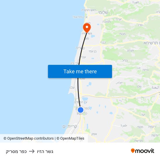 כפר מסריק to גשר הזיו map