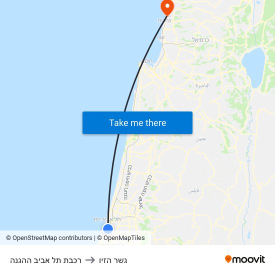רכבת תל אביב ההגנה to גשר הזיו map