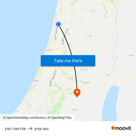 מדרשת רופין to גוש עציון map