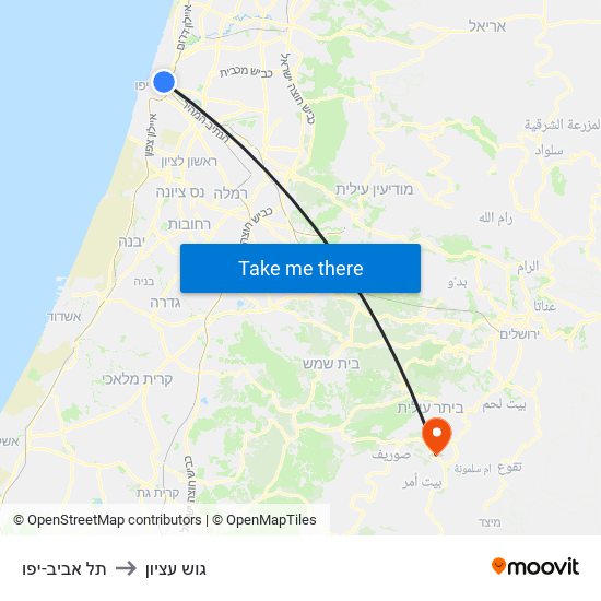 תל אביב-יפו to גוש עציון map