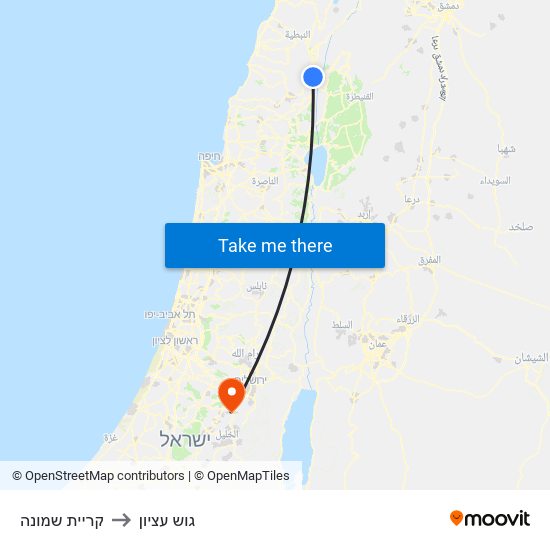 קריית שמונה to גוש עציון map