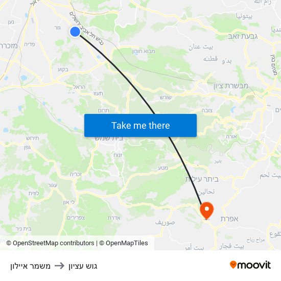 משמר איילון to גוש עציון map