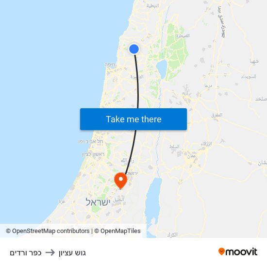 כפר ורדים to גוש עציון map