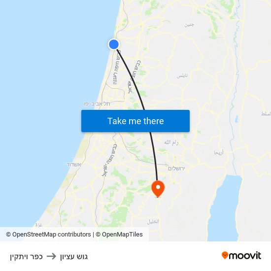 כפר ויתקין to גוש עציון map