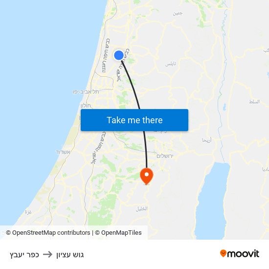 כפר יעבץ to גוש עציון map