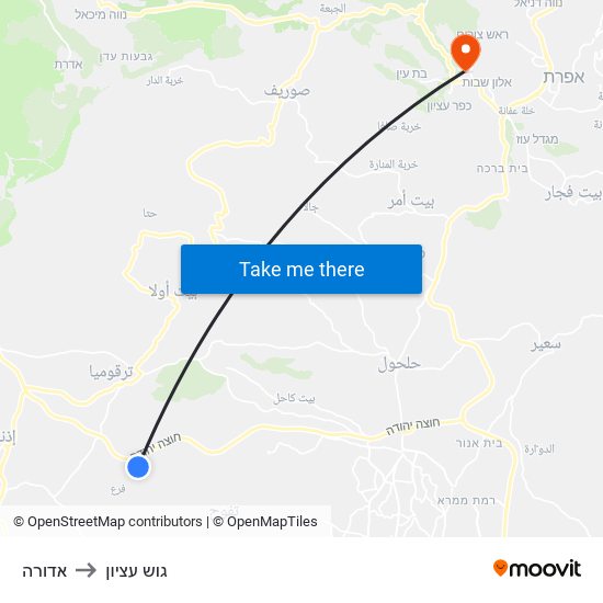 אדורה to גוש עציון map