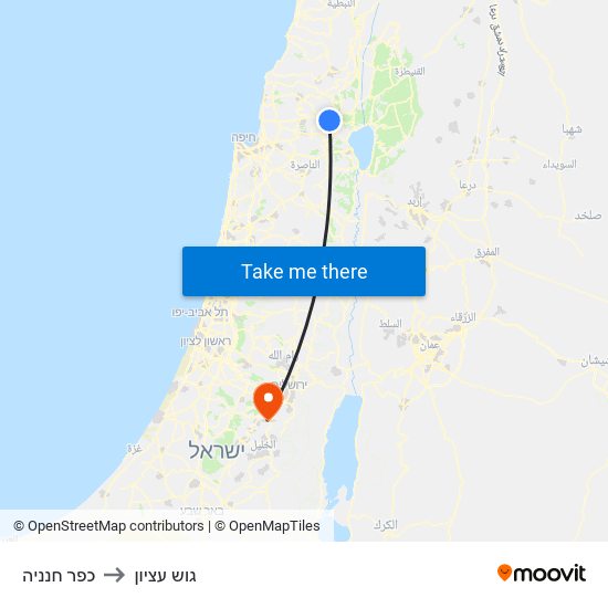 כפר חנניה to גוש עציון map