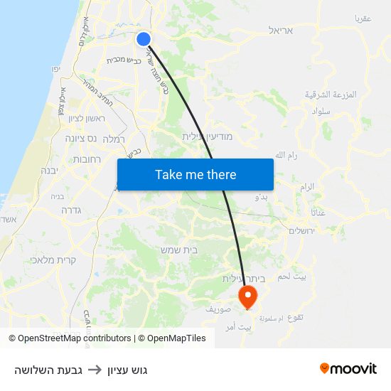 גבעת השלושה to גוש עציון map