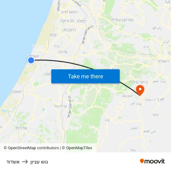 אשדוד to גוש עציון map