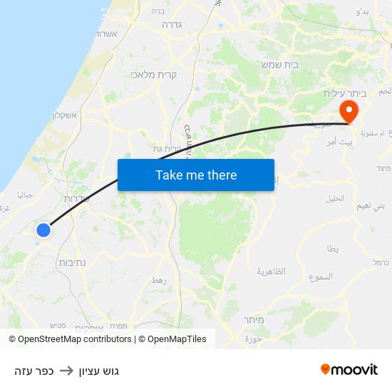 כפר עזה to גוש עציון map