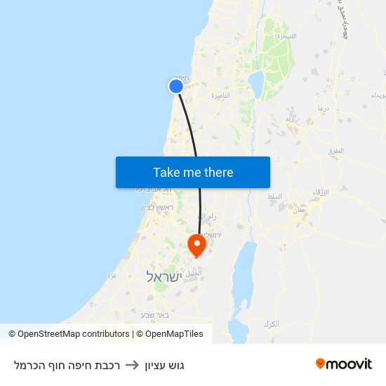 רכבת חיפה חוף הכרמל to גוש עציון map