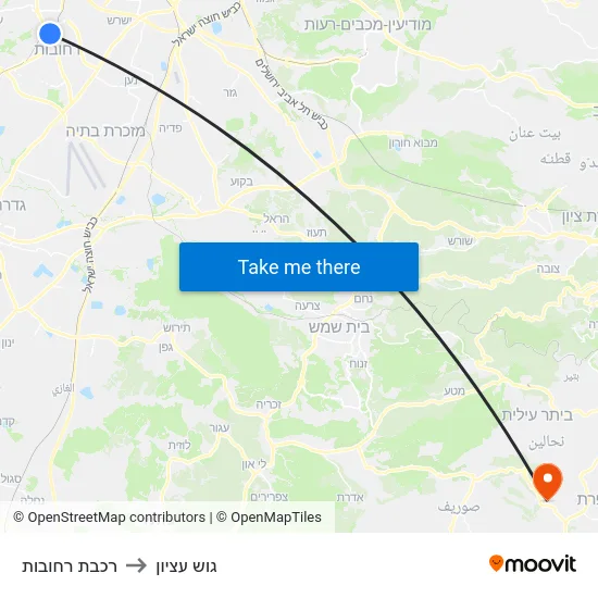 רכבת רחובות to גוש עציון map