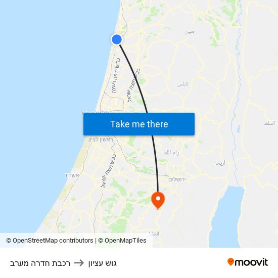 רכבת חדרה מערב to גוש עציון map