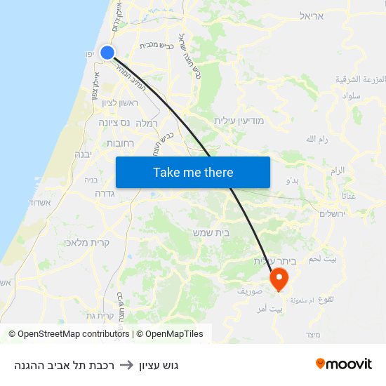 רכבת תל אביב ההגנה to גוש עציון map