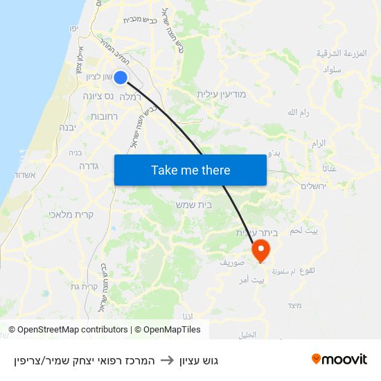 המרכז רפואי יצחק שמיר/צריפין to גוש עציון map