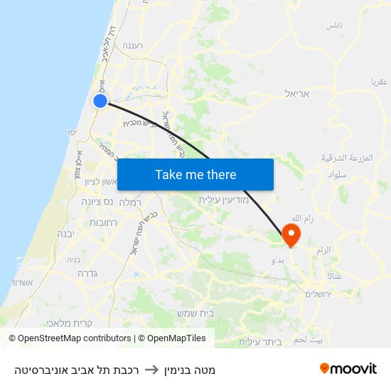 רכבת תל אביב אוניברסיטה to מטה בנימין map