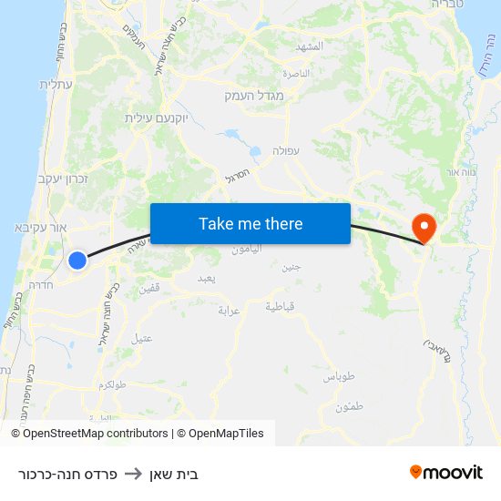 פרדס חנה-כרכור to בית שאן map