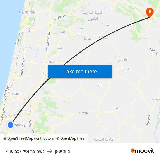 גשר בר אילן/כביש 4 to בית שאן map