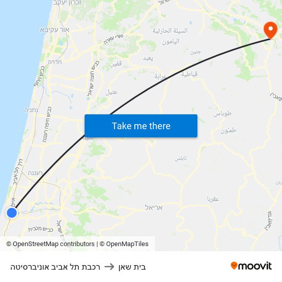 רכבת תל אביב אוניברסיטה to בית שאן map