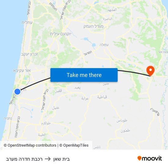 רכבת חדרה מערב to בית שאן map