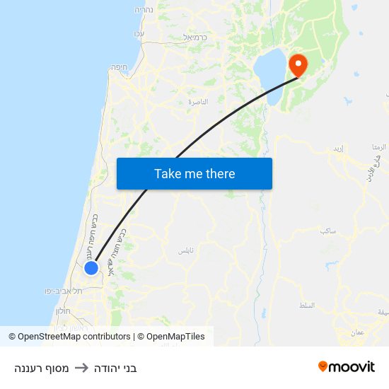 מסוף רעננה to בני יהודה map