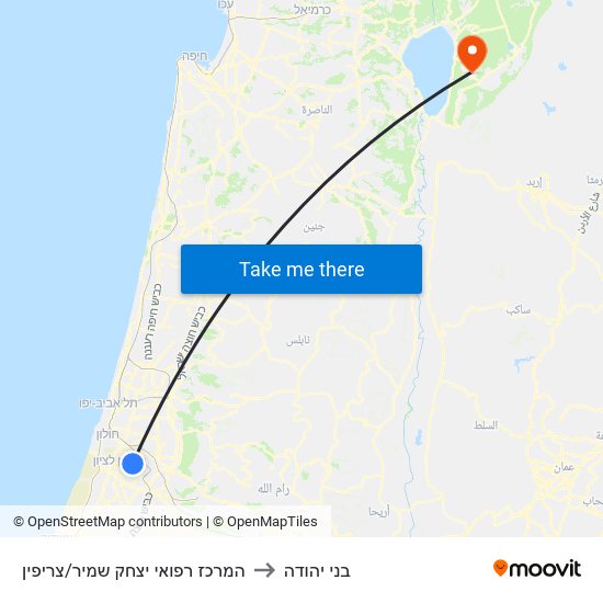 המרכז רפואי יצחק שמיר/צריפין to בני יהודה map