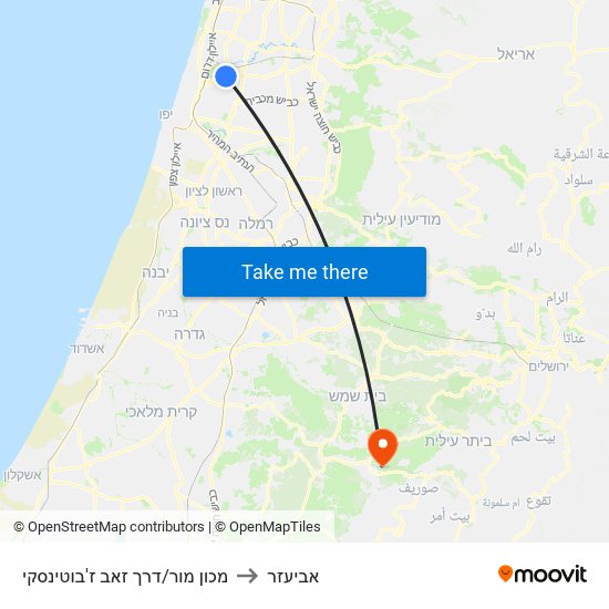 מכון מור/דרך זאב ז'בוטינסקי to אביעזר map