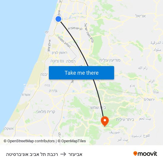 רכבת תל אביב אוניברסיטה to אביעזר map