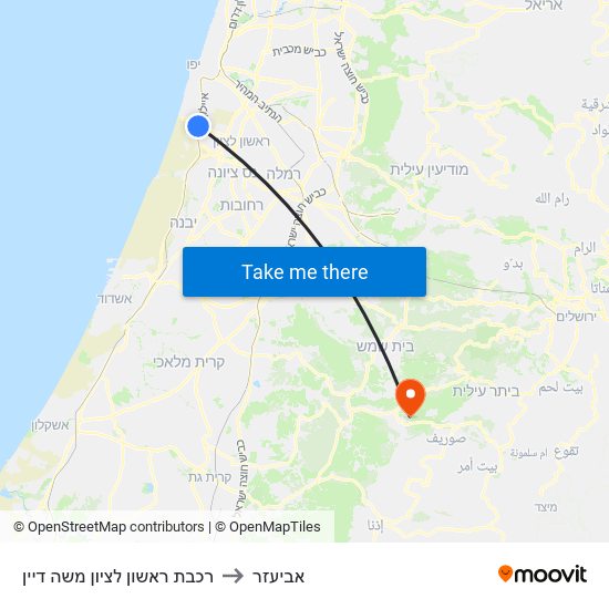 רכבת ראשון לציון משה דיין to אביעזר map