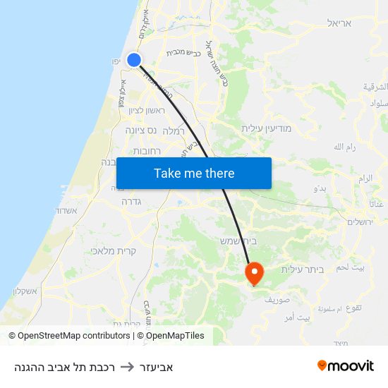 רכבת תל אביב ההגנה to אביעזר map