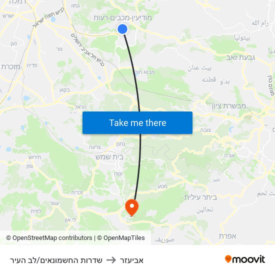 שדרות החשמונאים/לב העיר to אביעזר map