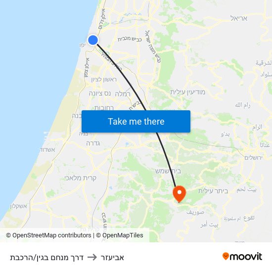 דרך מנחם בגין/הרכבת to אביעזר map