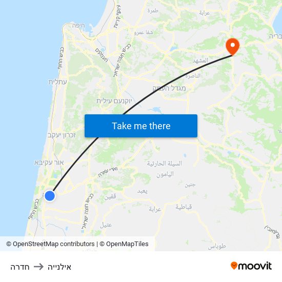 חדרה to אילנייה map