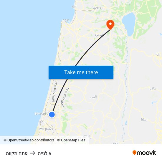 פתח תקווה to אילנייה map