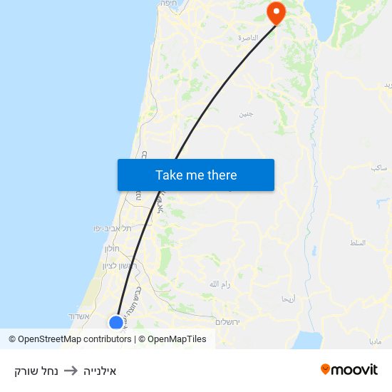 נחל שורק to אילנייה map