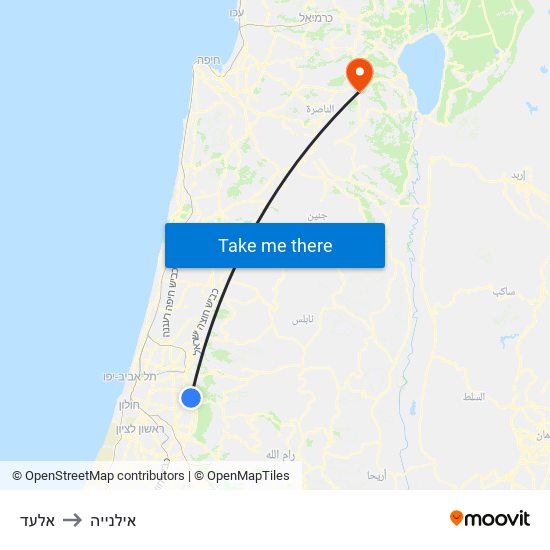 אלעד to אילנייה map