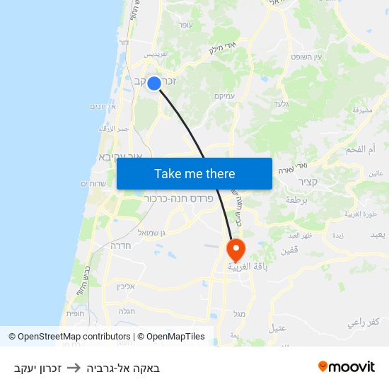 זכרון יעקב to באקה אל-גרביה map