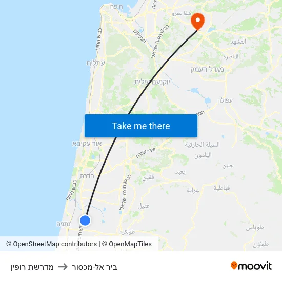 מדרשת רופין to ביר אל-מכסור map