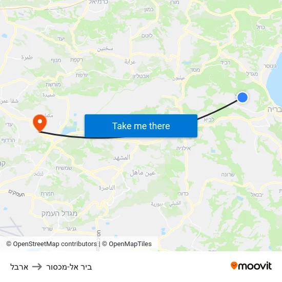 ארבל to ביר אל-מכסור map