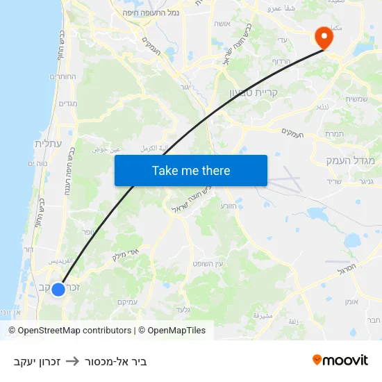 זכרון יעקב to ביר אל-מכסור map