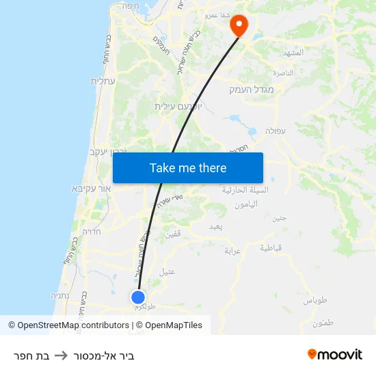 בת חפר to ביר אל-מכסור map
