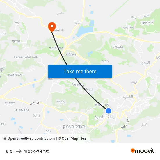 יפיע to ביר אל-מכסור map