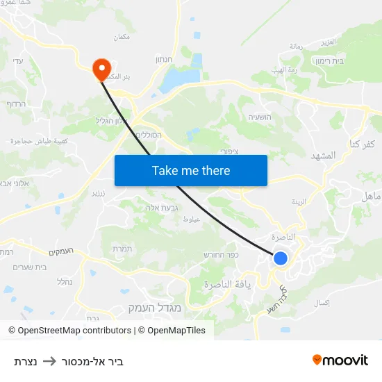 נצרת to ביר אל-מכסור map