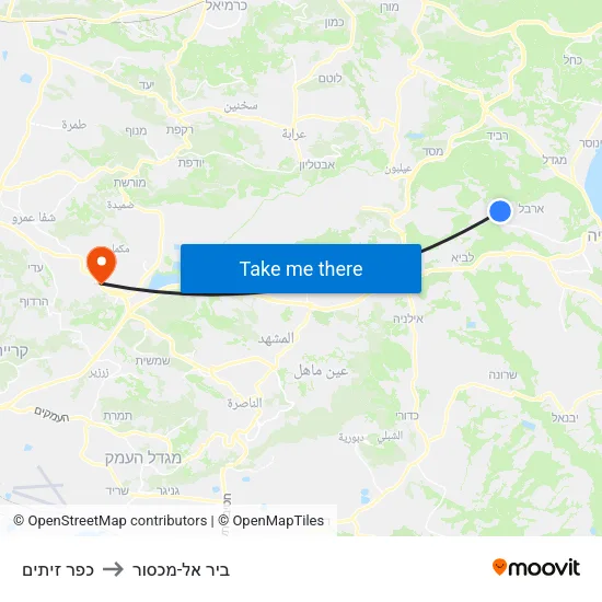 כפר זיתים to ביר אל-מכסור map